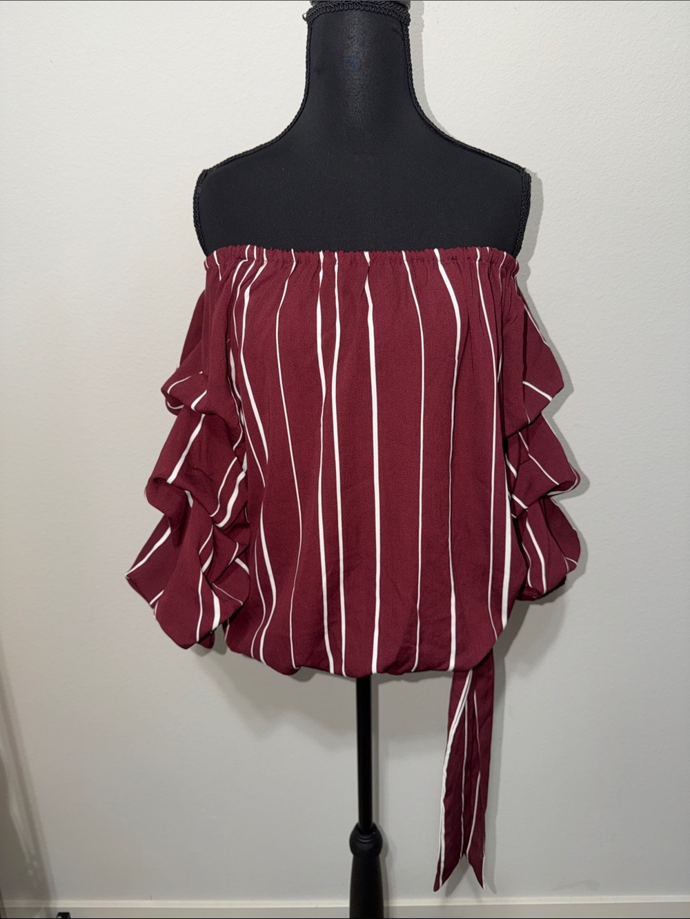 NWT Off-Shoulder Burgundy Stripe Ruffle Sleeve Top